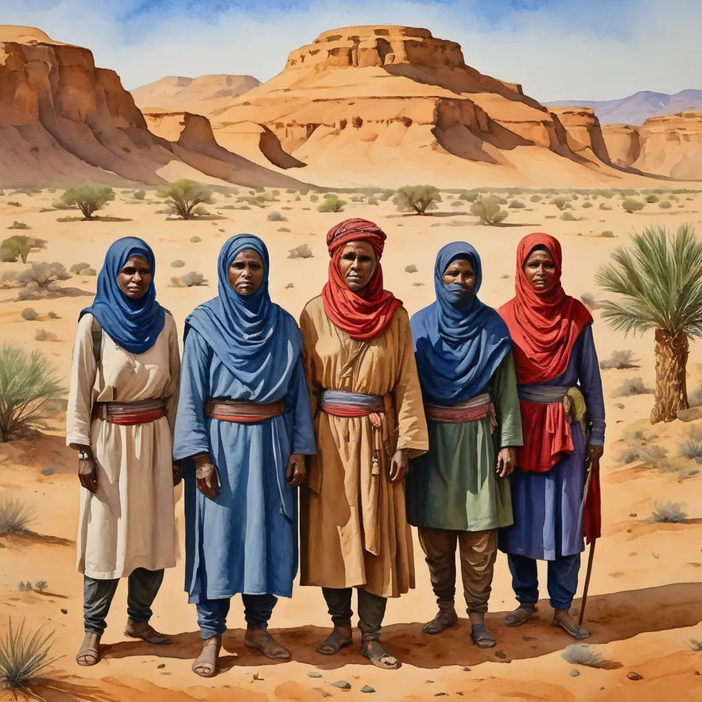 a painting of four people in desert attire standing in front of a desert landscape with a mountain in the background, figurative art, an oil painting, David Ligare, extremely detailed oil painting