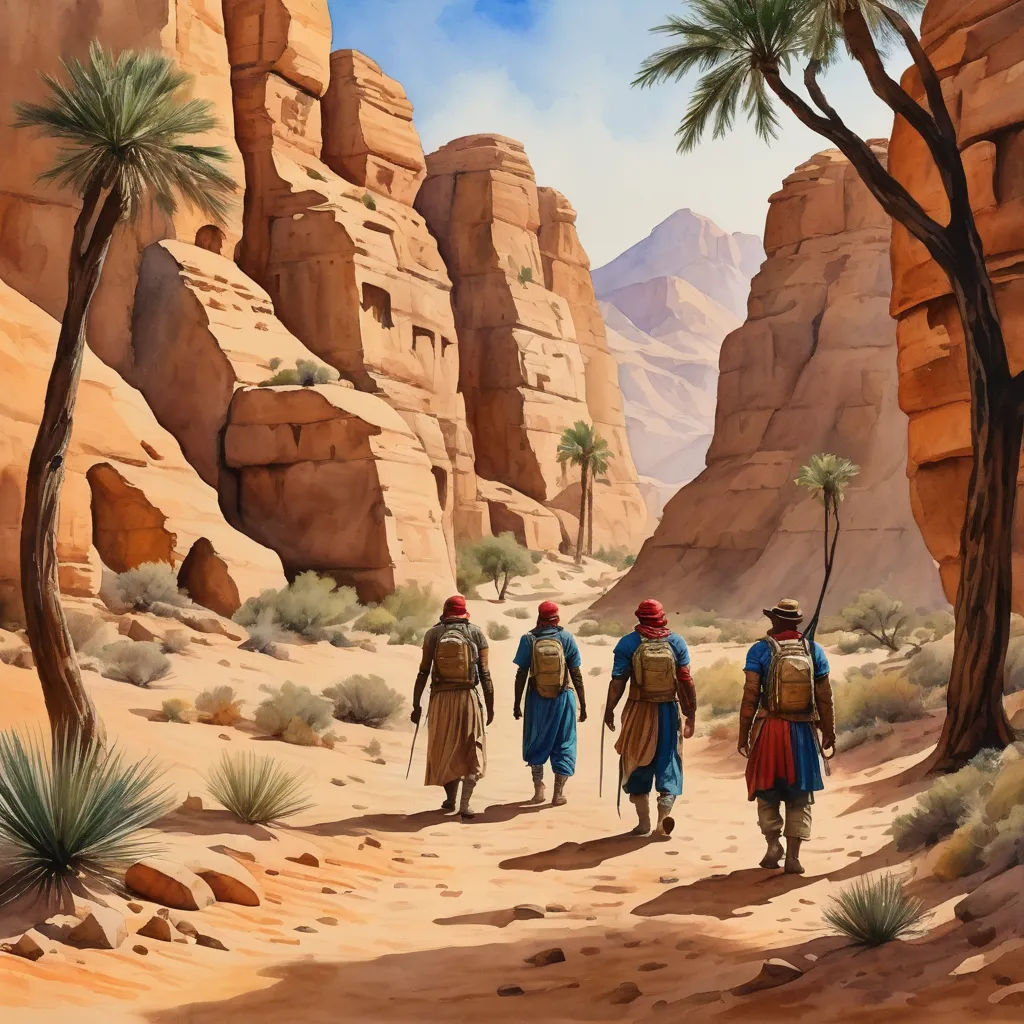 a painting of a group of people walking through a desert area with palm trees and rocks in the background, fantasy art, a detailed matte painting, Brothers Hildebrandt, desert