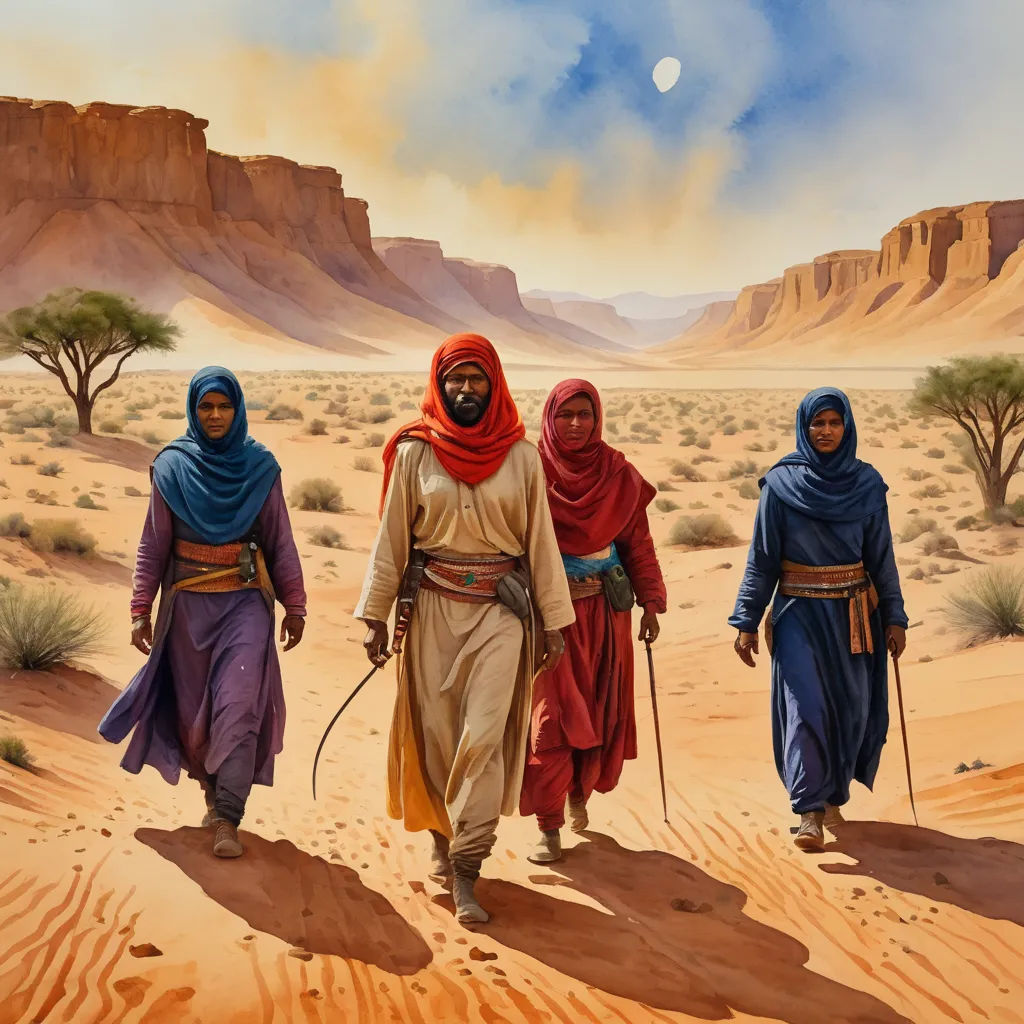 three people walking in the desert with a desert landscape in the background and a full moon in the sky, figurative art, a detailed matte painting, Brothers Hildebrandt, desert