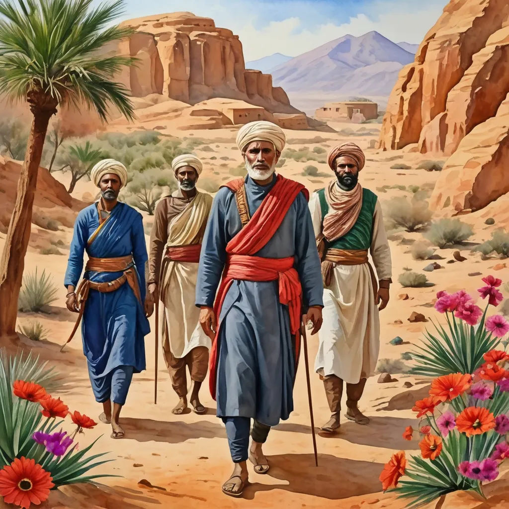 a painting of three men walking in the desert with palm trees and flowers in the background, with a desert landscape in the background, qajar art, a detailed painting, Ahmed Karahisari, desert