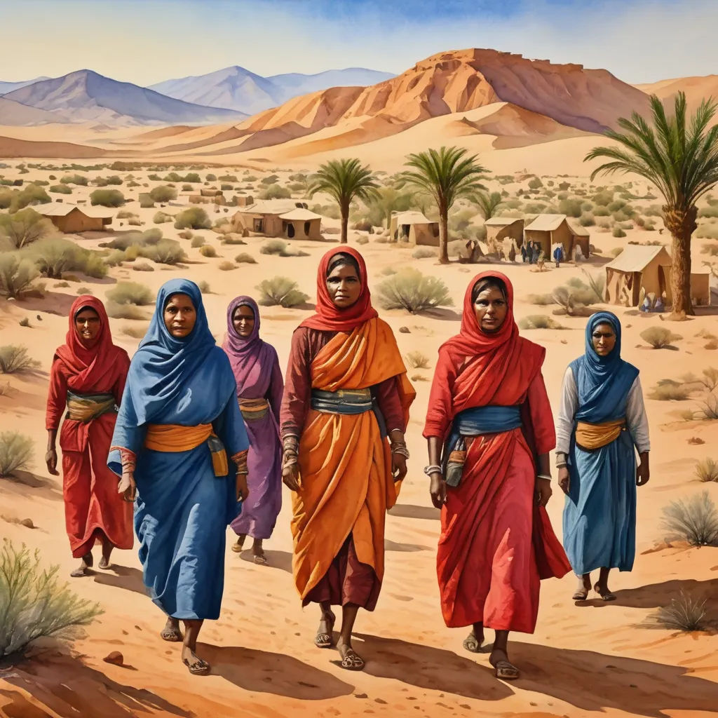 a painting of a group of people walking in the desert with mountains in the background and a desert landscape, figurative art, egyptian art, Apelles, desert