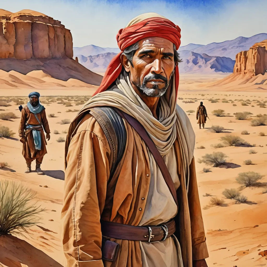 a painting of a man in a desert with a red head scarf and a red turban on, figurative art, a detailed matte painting, Brothers Hildebrandt, highly detailed digital painting
