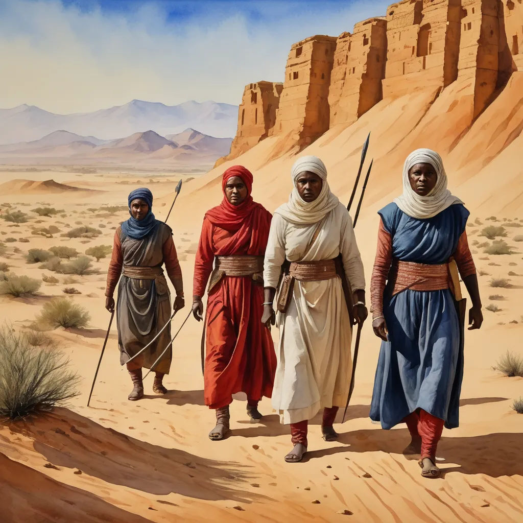 a painting of three men walking in the desert with their backs turned to the camera, with a desert landscape in the background, figurative art, a detailed matte painting, David Ligare, cinematic matte painting