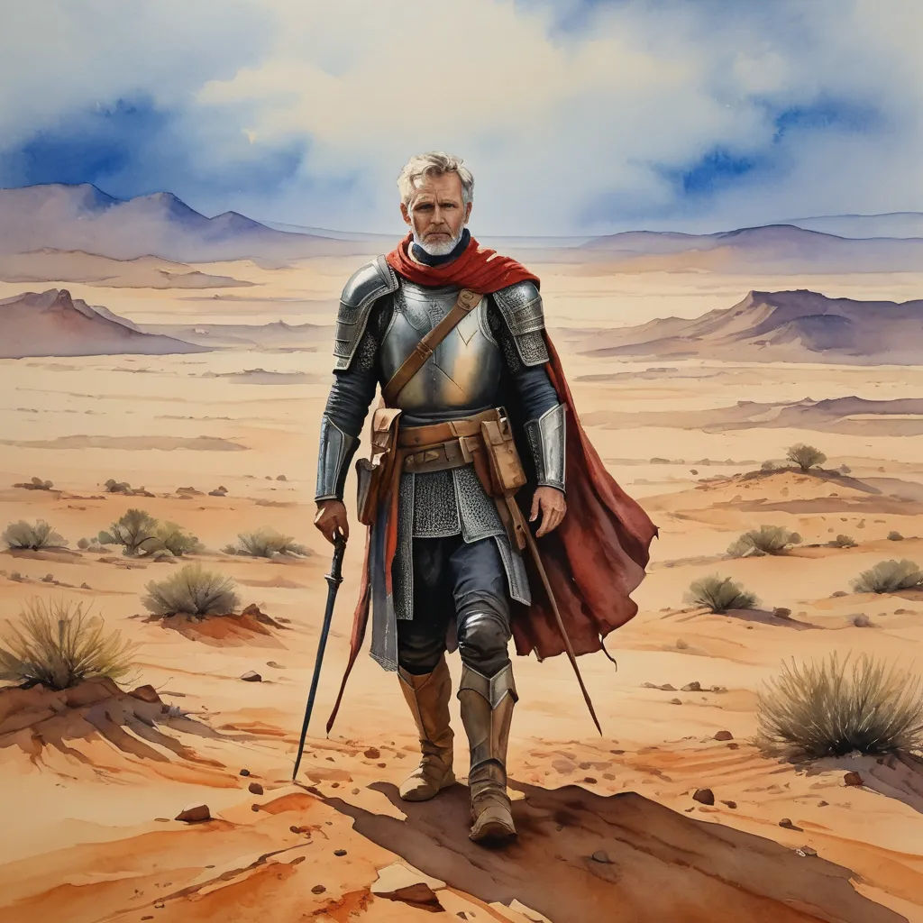 a painting of a man in a desert with a sword and armor on his shoulders and a red cape on his head, fantasy art, a character portrait, Breyten Breytenbach, epic fantasy character art