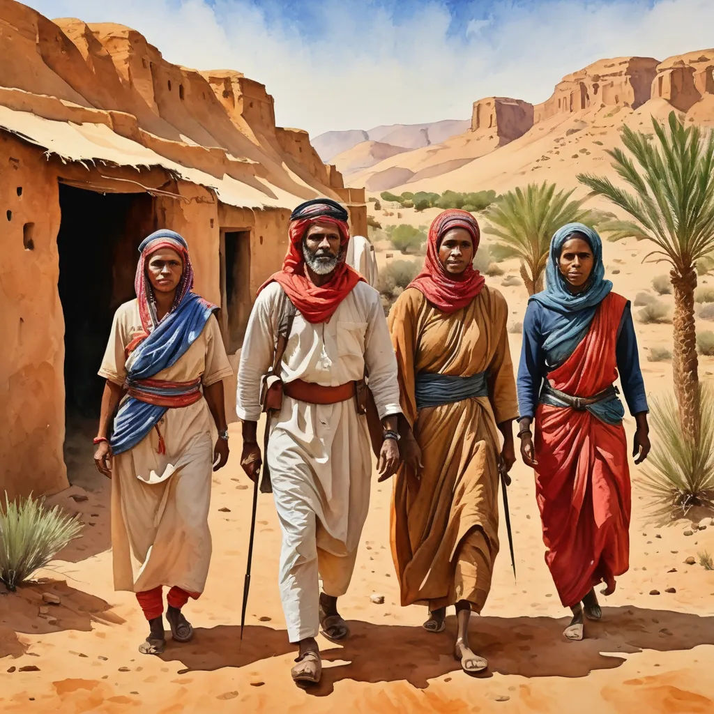 a painting of three men walking in the desert with a woman and a child in front of them and a man in the background, figurative art, a detailed painting, Brothers Hildebrandt, highly detailed oil painting