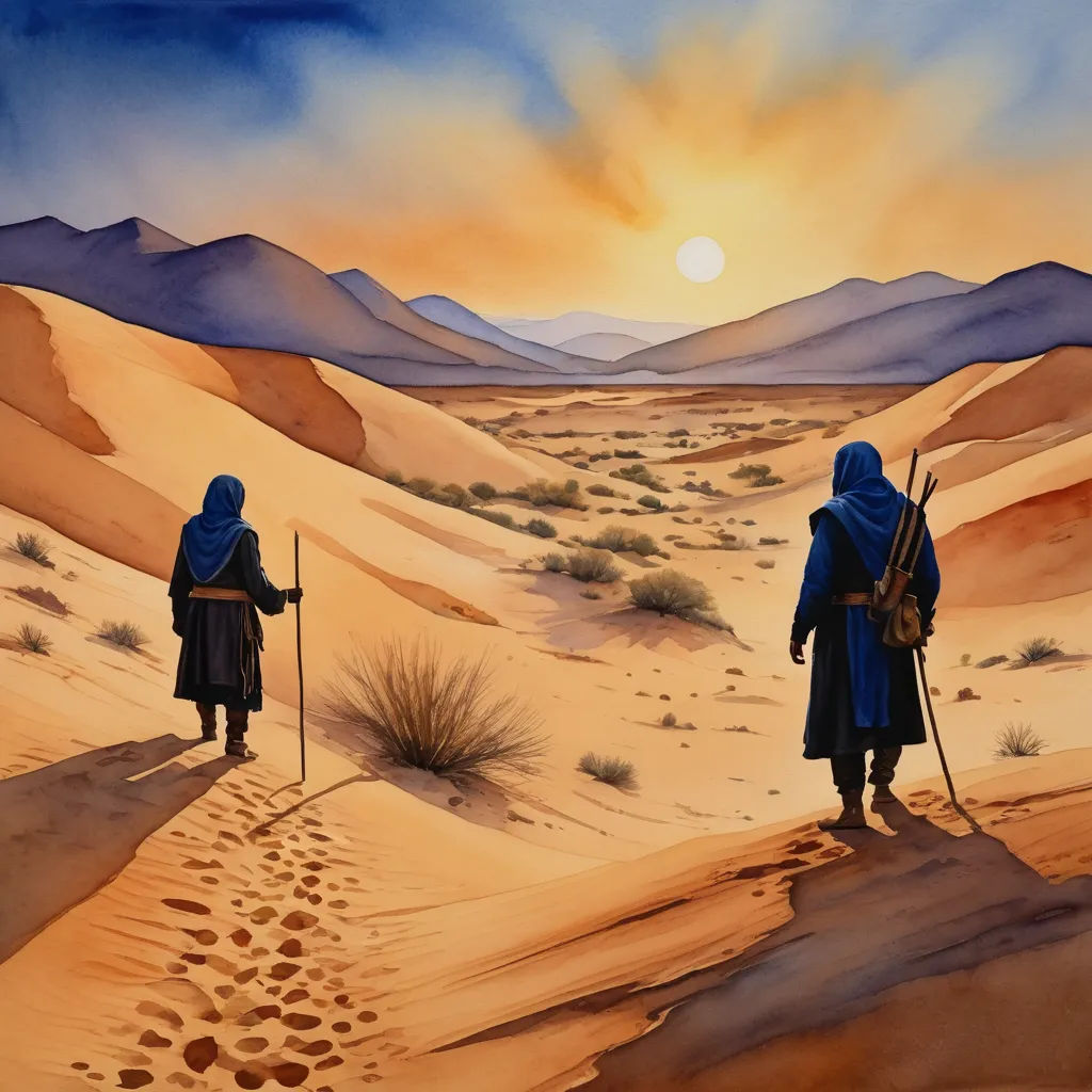 two people in blue robes walking in the desert with footprints in the sand and a sunset in the background, fantasy art, a watercolor painting, Anato Finnstark, desert