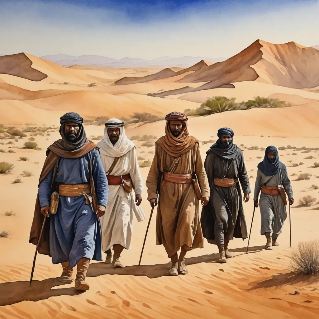 a painting of four men walking in the desert with mountains in the background and a blue sky in the background, les nabis, a detailed matte painting, Brothers Hildebrandt, desert