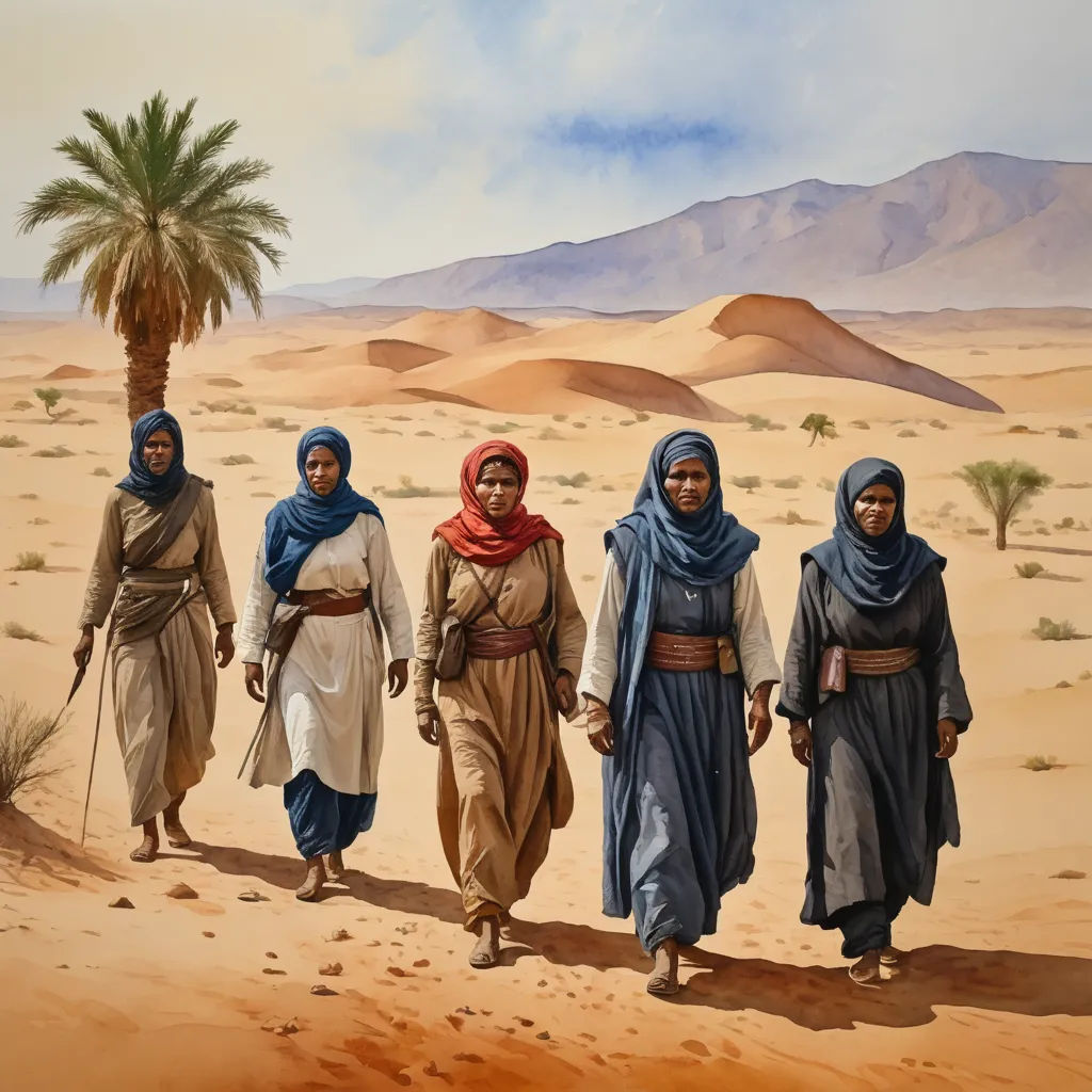 a painting of four people walking in the desert with a palm tree in the background and a mountain in the distance, figurative art, a detailed painting, David Ligare, desert