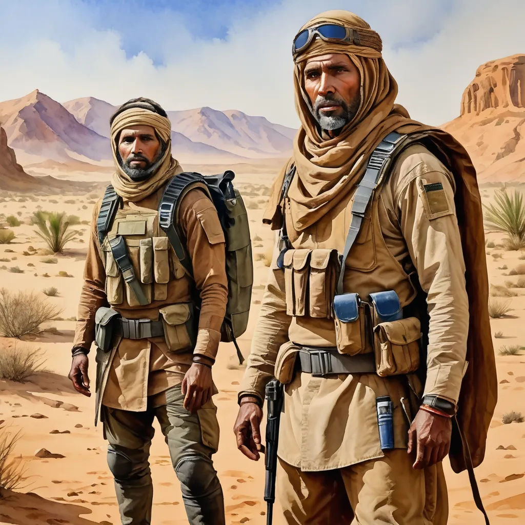 two men in desert attire standing in the desert with mountains in the background and a sky background with clouds, serial art, a digital painting, David Palumbo, highly detailed digital painting