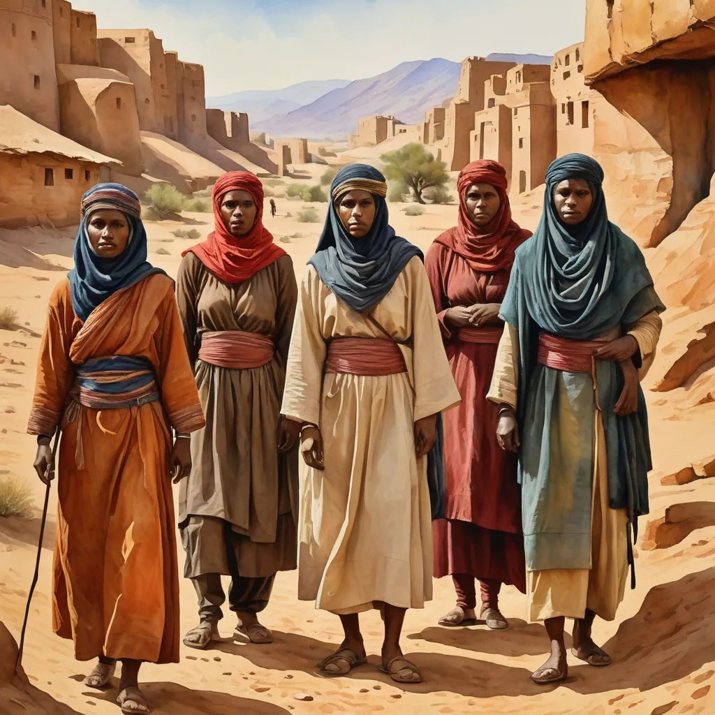 a painting of four women in desert attire standing in front of a desert landscape with mountains in the background, figurative art, a detailed matte painting, David Ligare, highly detailed oil painting