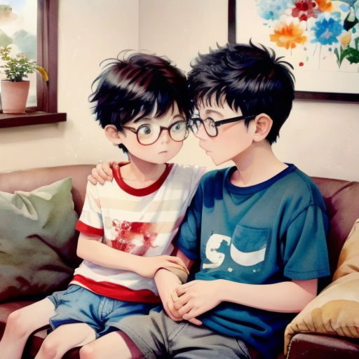two children sitting on a couch with their arms around each other, one of them is touching the other's face