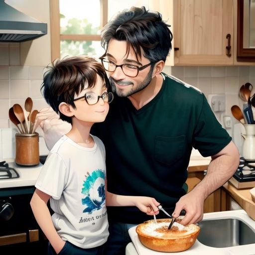a man and a boy are in the kitchen together and one boy is cutting a pie with a knife
