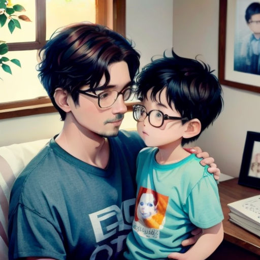 a man and a child are sitting on a couch together, one is holding the other's arm