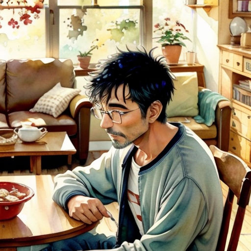 a man sitting at a table with a bowl of food in front of him and a bowl of soup in front of him