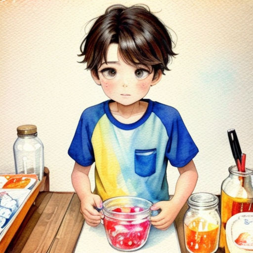 a painting of a boy holding a bowl of fruit and a jar of liquid on a table with a knife and a jar of fruit