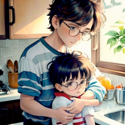 a woman holding a child in a kitchen next to a window with a potted plant on the counter