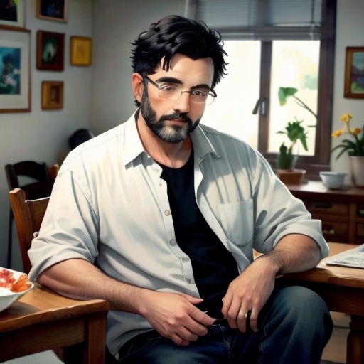 a man sitting at a table with a plate of food in front of him and a laptop on the table
