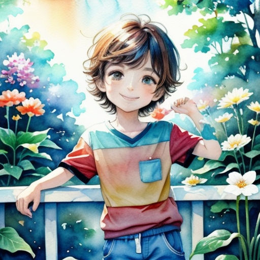 a painting of a boy standing in front of flowers and a fence with a bird flying over him and a bird flying over him