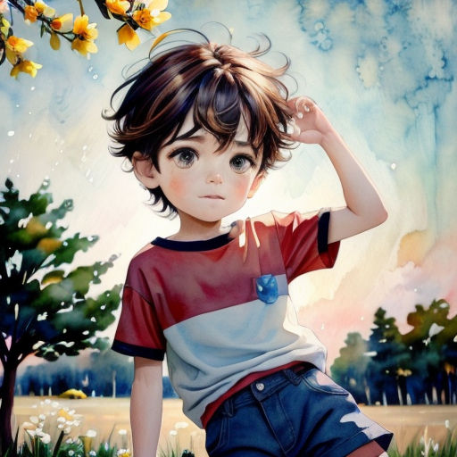 a painting of a boy in a field with flowers on the tree branch and a sky background with clouds