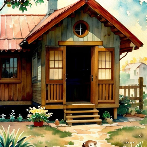 a painting of a dog sitting in front of a small house with a porch and a door and steps