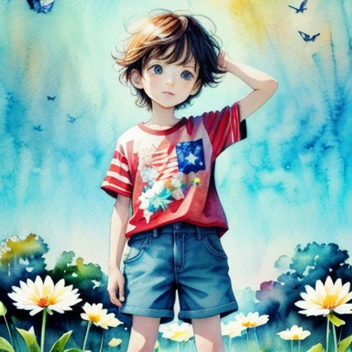 a painting of a young boy standing in a field of daisies with a butterfly flying overhead in the sky