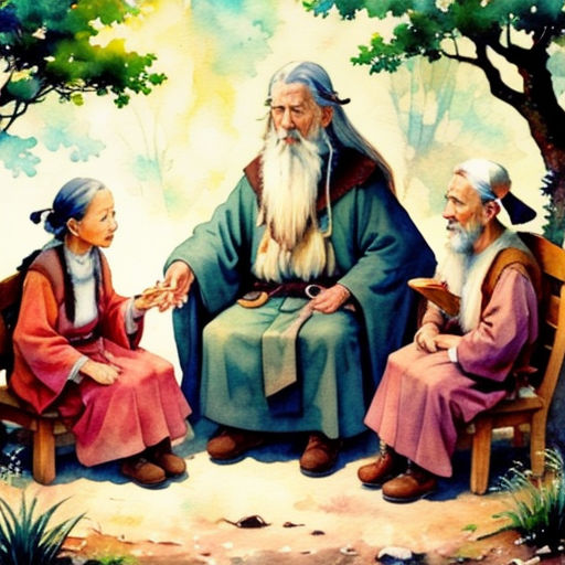 a painting of a man sitting next to two women on a bench in a forest with trees and a sky background