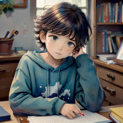 a young boy sitting at a desk with a book and pen in his hand and a laptop on the desk