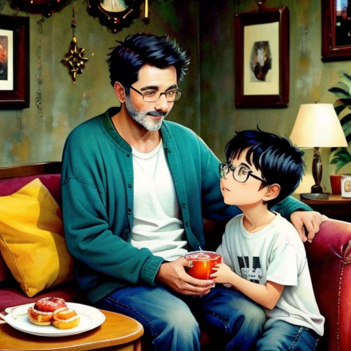 a man and a boy sitting on a couch with food on a plate and a lamp on a table