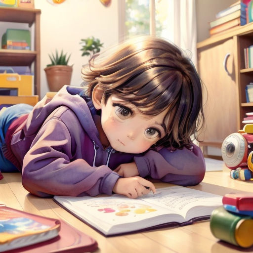 a little girl laying on the floor reading a book with a bookmark on it's cover and a toy car nearby