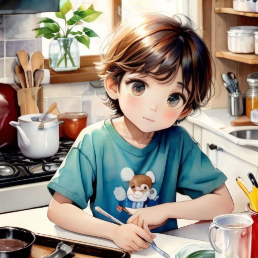 a painting of a little boy sitting at a table with a knife and fork in his hand and a pan of food on the counter