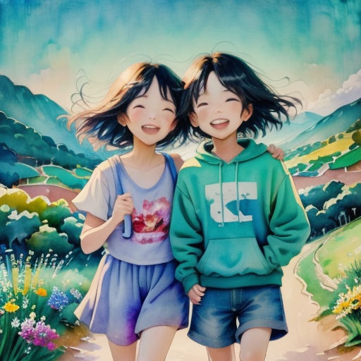 two young girls are standing in front of a painting of a mountain landscape and flowers, one of them is holding a umbrella