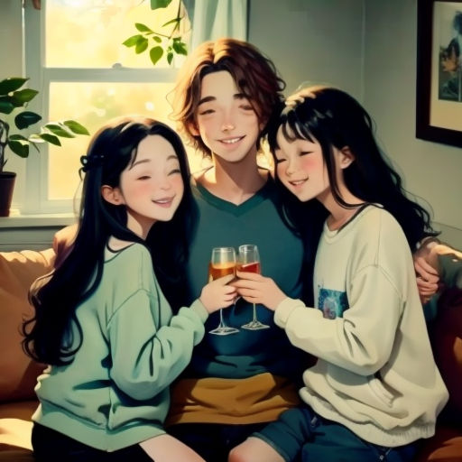three people sitting on a couch holding a glass of wine and smiling at the camera with a potted plant in the background