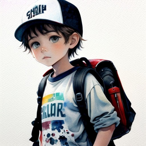 a boy with a backpack and a hat on his head is standing with his back to the camera and looking at the camera