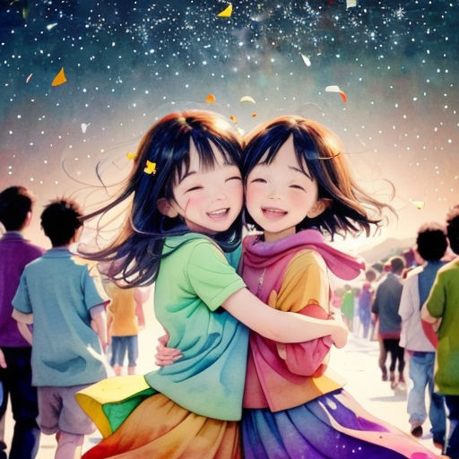 two young girls hugging each other in front of a crowd of people with a sky full of stars and falling confetti