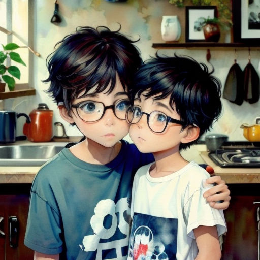 two children are standing in a kitchen with their arms around each other and their faces are touching each other
