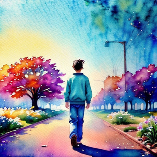 a painting of a person walking down a street with trees and flowers in the background and a sky with clouds