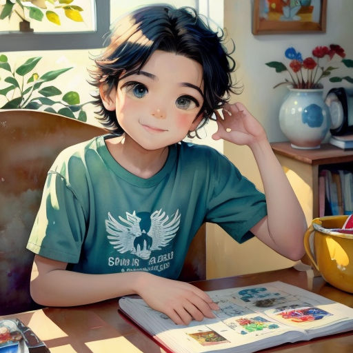 a painting of a young boy sitting at a table with a book and a cup of coffee in front of him