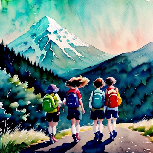three children are walking down a path towards a mountain with a snow capped peak in the distance and a green sky