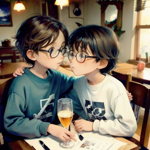 two young boys sitting at a table with a glass of wine and a book in front of them,