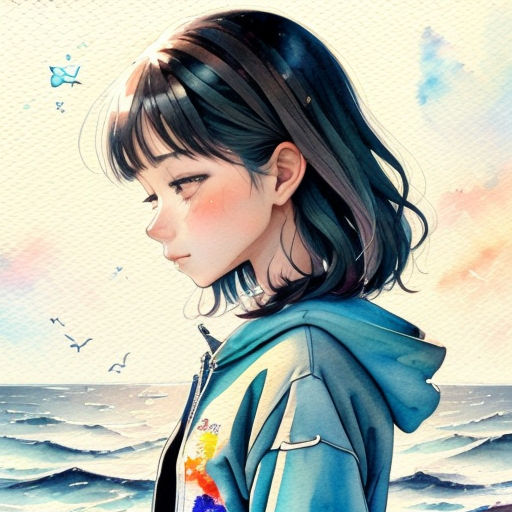 a girl with long hair standing on a beach next to the ocean with a butterfly on her shirt on