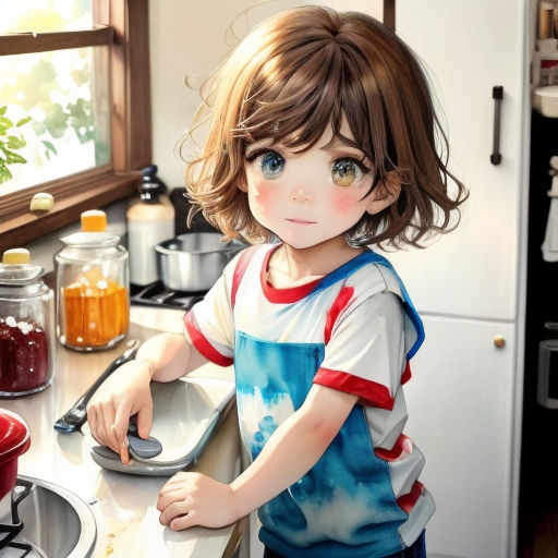 a little girl standing in a kitchen next to a sink and a counter top with a pan on it
