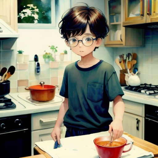 a boy in glasses is making a bowl of soup in the kitchen with a spoon in it and a paper towel on the counter