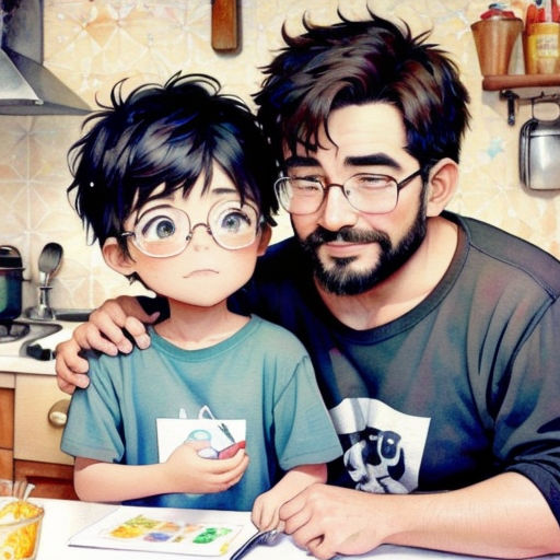 a man and a boy are sitting at a table with a book and a cup of coffee in front of them