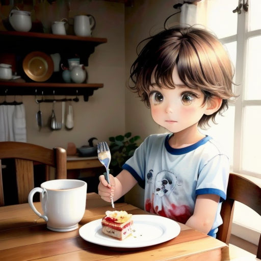 a little boy sitting at a table with a plate of food and a fork in his hand and a cup of coffee