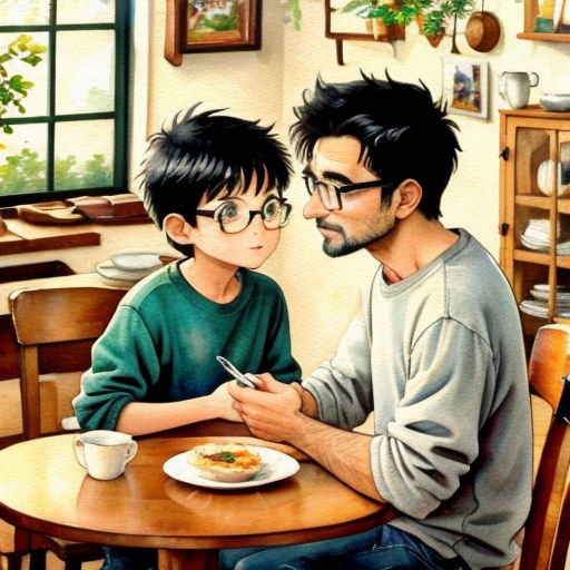 a man and a boy sitting at a table with a plate of food in front of them and a cup of coffee