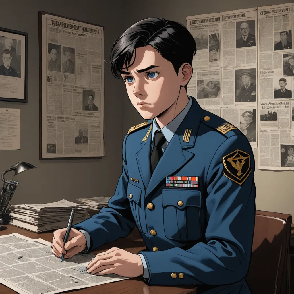 a man in a military uniform sitting at a desk with a pen and paper in front of him and papers on the wall, remodernism, a character portrait, Aleksandr Gerasimov, official art