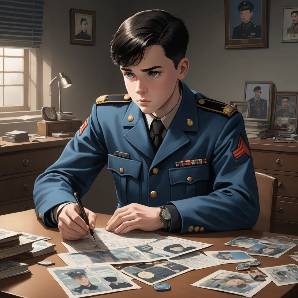 a man in a military uniform sitting at a desk with papers and a pen in his hand and a picture of a man in a military uniform on the wall, sots art, a character portrait, Alejandro Burdisio, official art