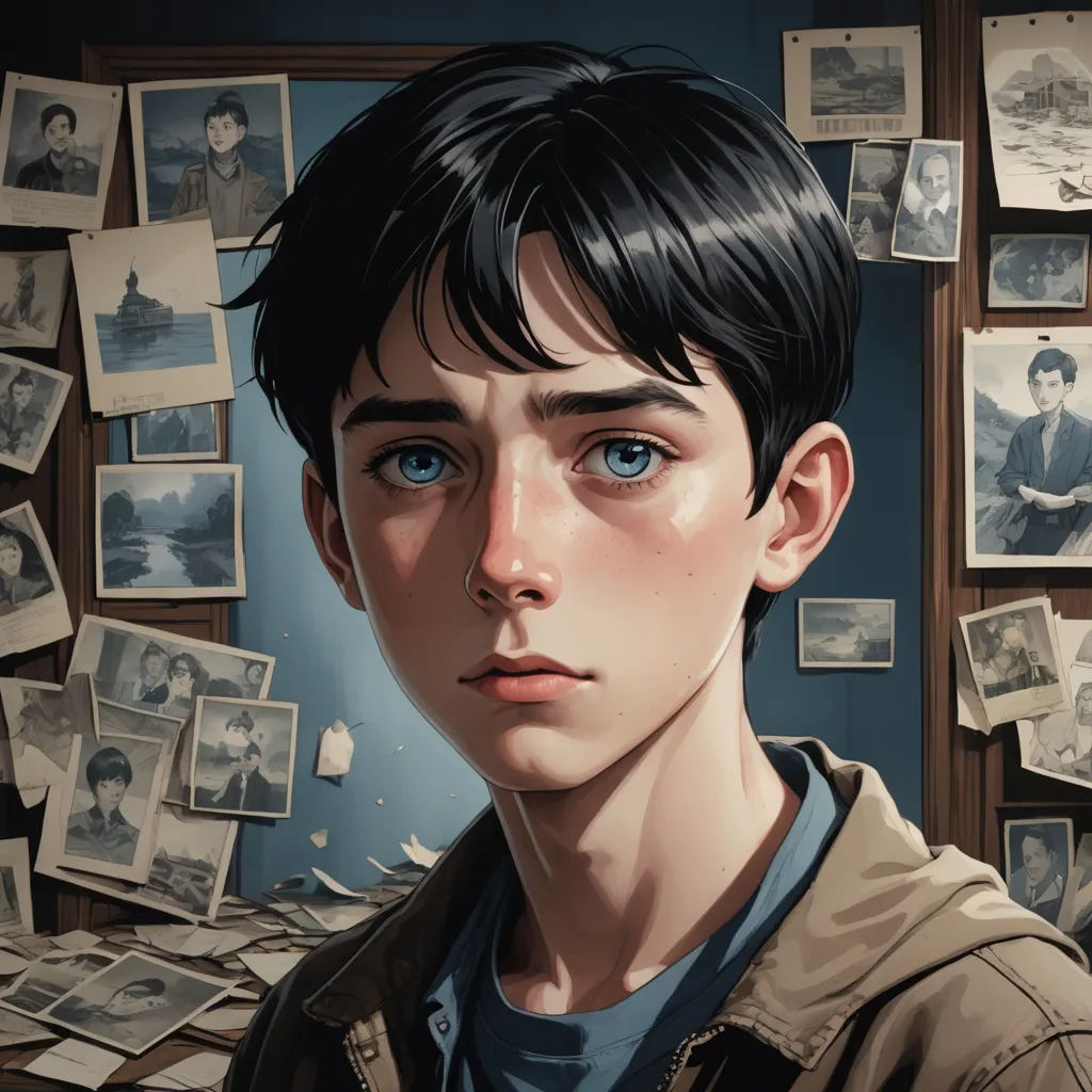 a boy with blue eyes is looking at the camera with a lot of photos on the wall behind him, sots art, a comic book panel, Aaron Jasinski, stanley artgerm lau