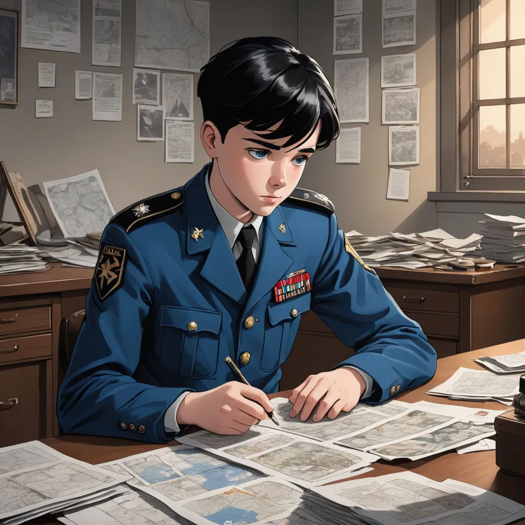 a man in a military uniform sitting at a desk with papers and a pen in his hand and a window in the background, sots art, a comic book panel, Artgerm, official art