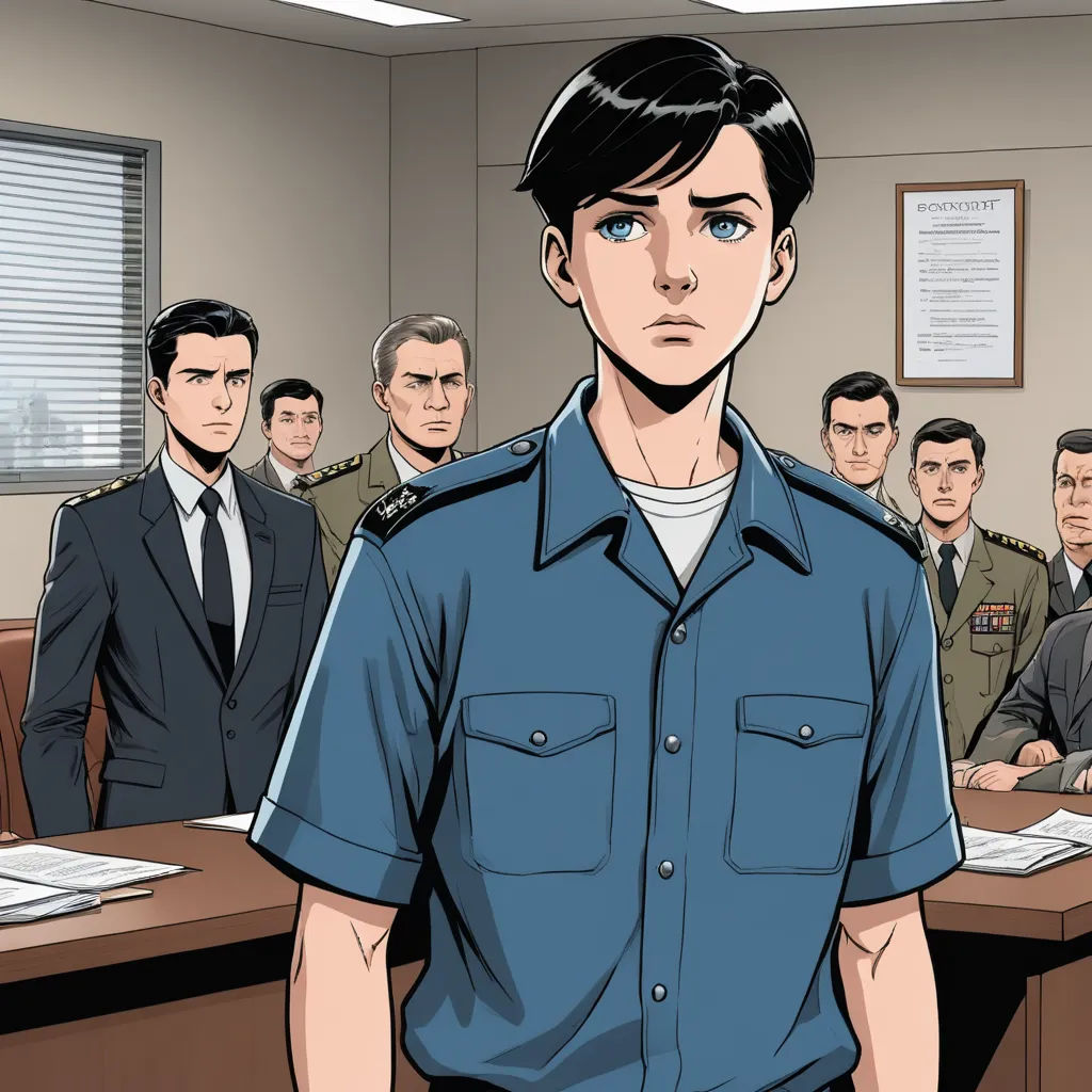 a man in a blue shirt standing in front of a group of men in uniform in a courtroom with a man in the background, serial art, a comic book panel, Conroy Maddox, official art